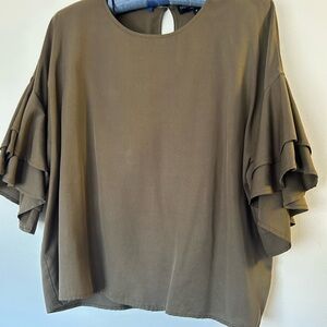 Central Park West Olive Ruffled Flutter Sleeve Blouse